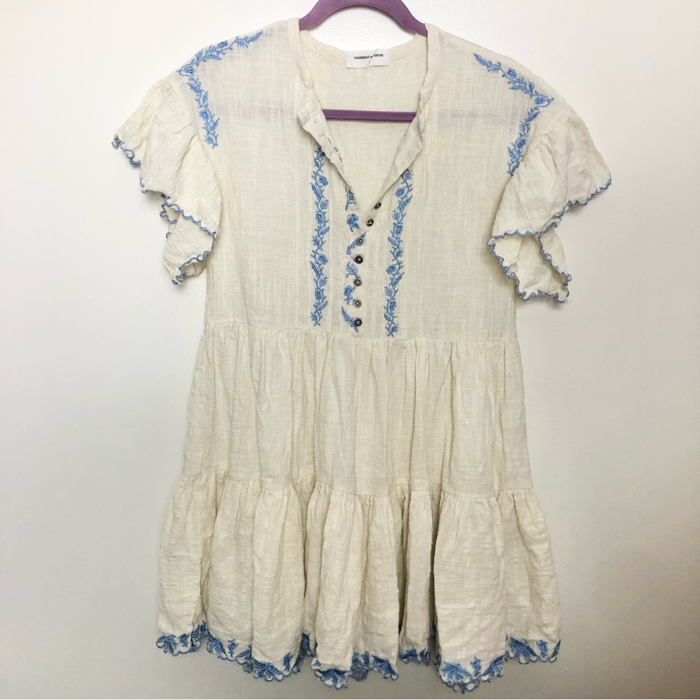 Goodnight Macaroon Embroidered Mini Prairie Peasant Dress Beige Blue Size Small